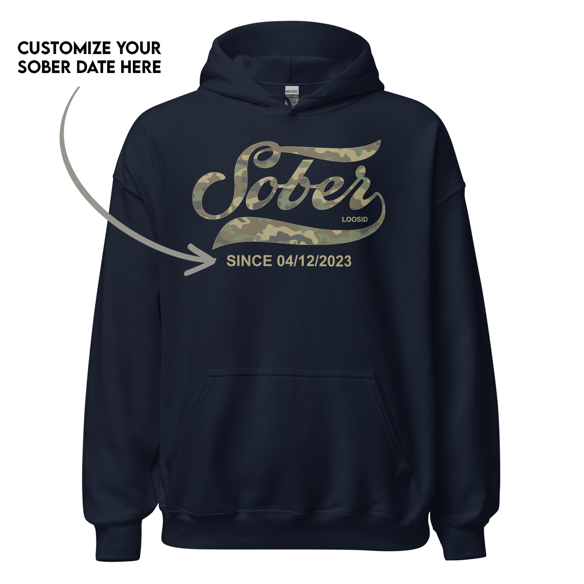 Recovery Hoodie featuring camo pattern and custom details