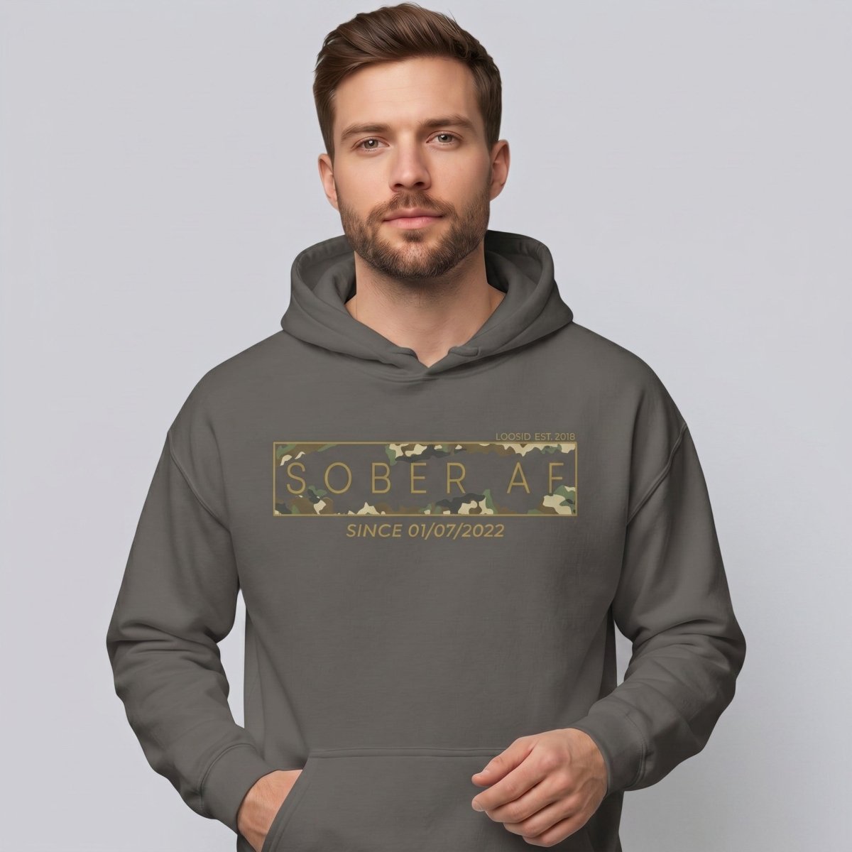 Sober AF Camo Recovery Hoodie close-up view (view 32)