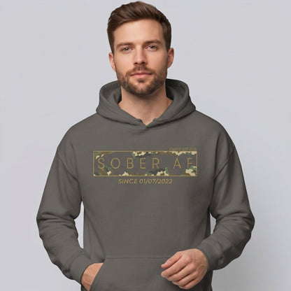 Sober AF Camo Recovery Hoodie close-up view (view 32)