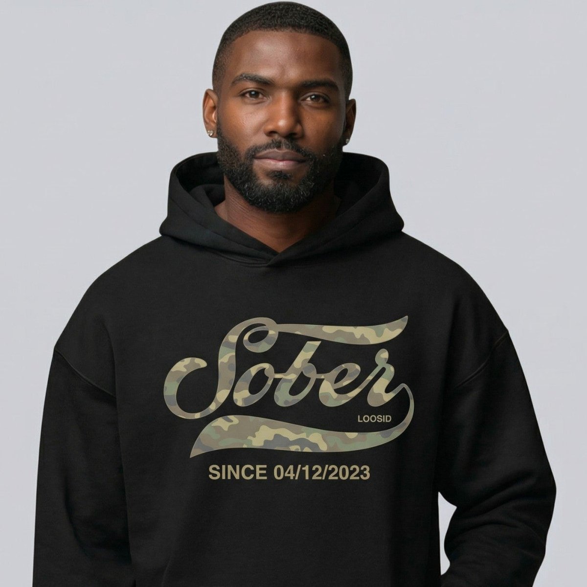 Sober Since Camo Recovery Hoodie close-up view (view 2)