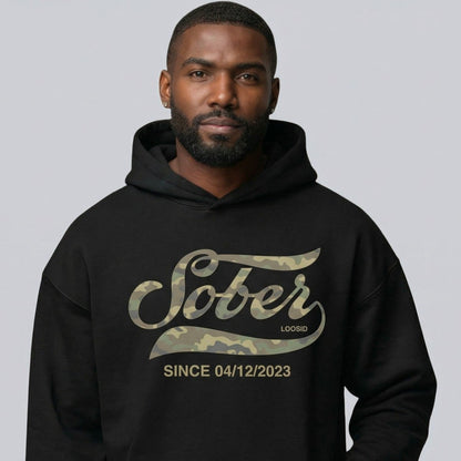 Sober Since Camo Recovery Hoodie close-up view (view 2)