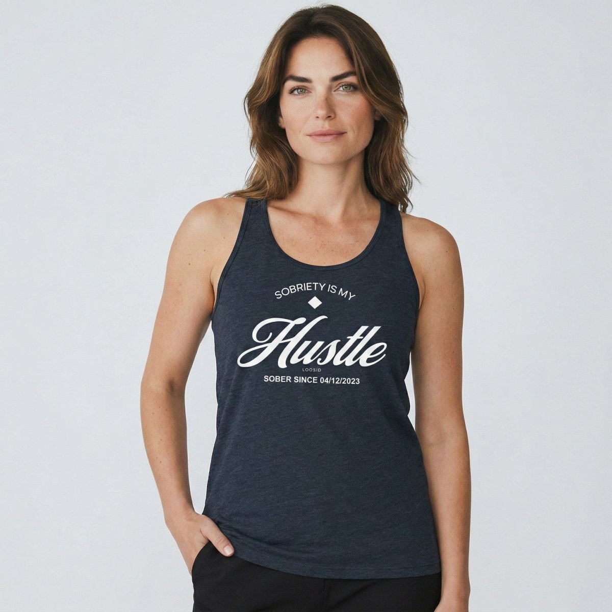 Hustle Women's w Personalize Sober Date Sober Tank Top fit detail (view 9)