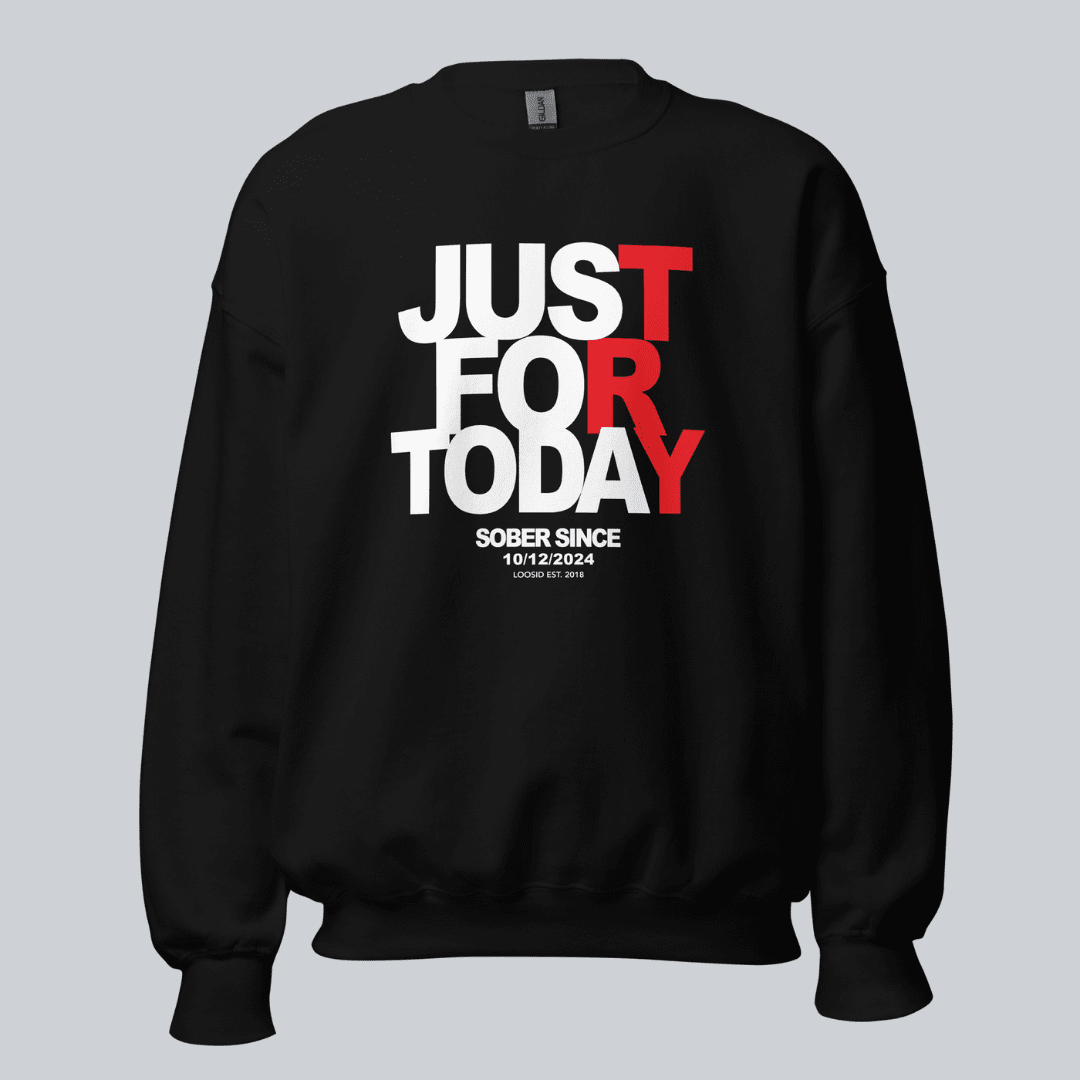 Just Try For Today Sobriety Recovery Hoodie flat lay styled image (view 3)