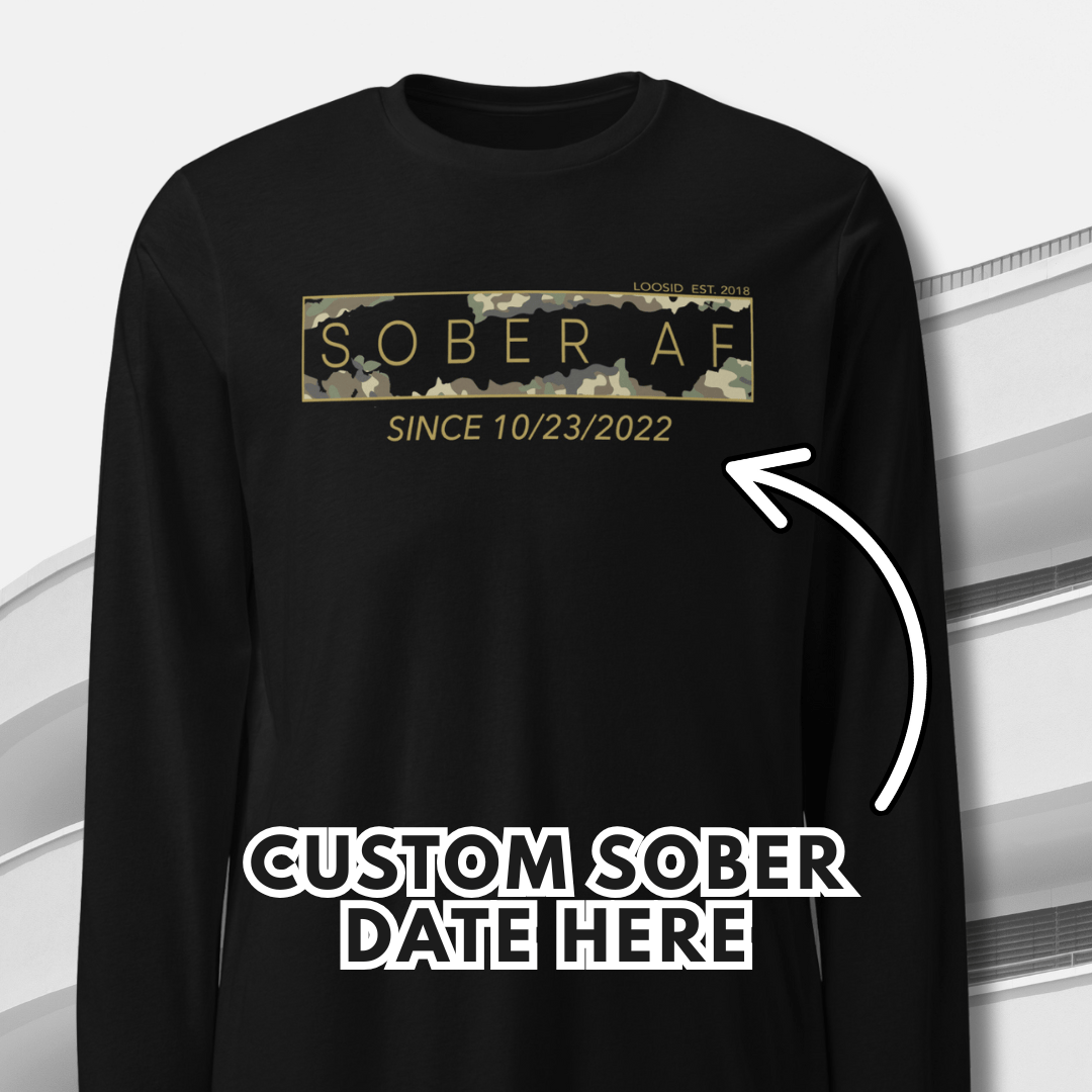 Sober AF Camo Long Sleeve Sober T Shirt flat lay styled image (view 3)
