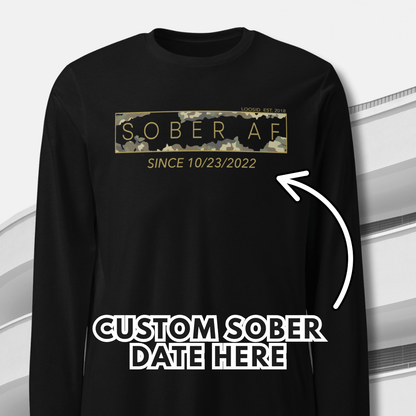 Sober AF Camo Long Sleeve Sober T Shirt flat lay styled image (view 3)