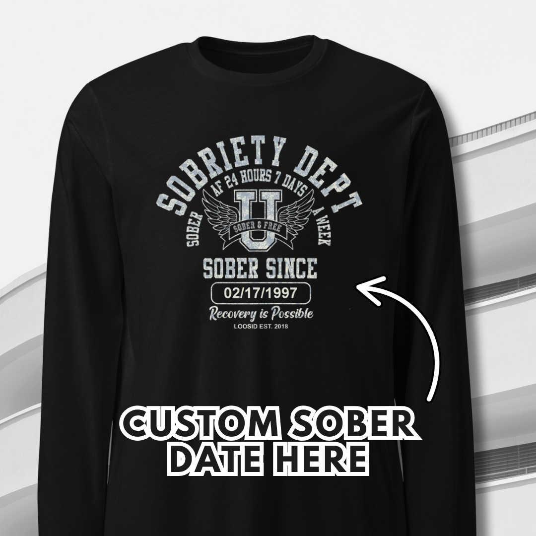 Sobriety Dept Long Sleeve Sober T Shirt flat lay styled image (view 3)