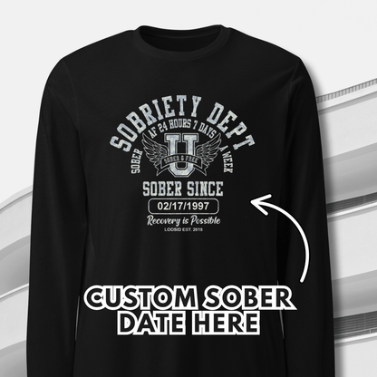 Sobriety Dept Long Sleeve Sober T Shirt flat lay styled image (view 3)