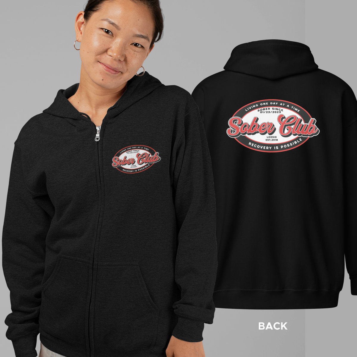 Sober Club Badge Left Chest Print Unisex Zip Recovery Hoodie close-up view (view 2)