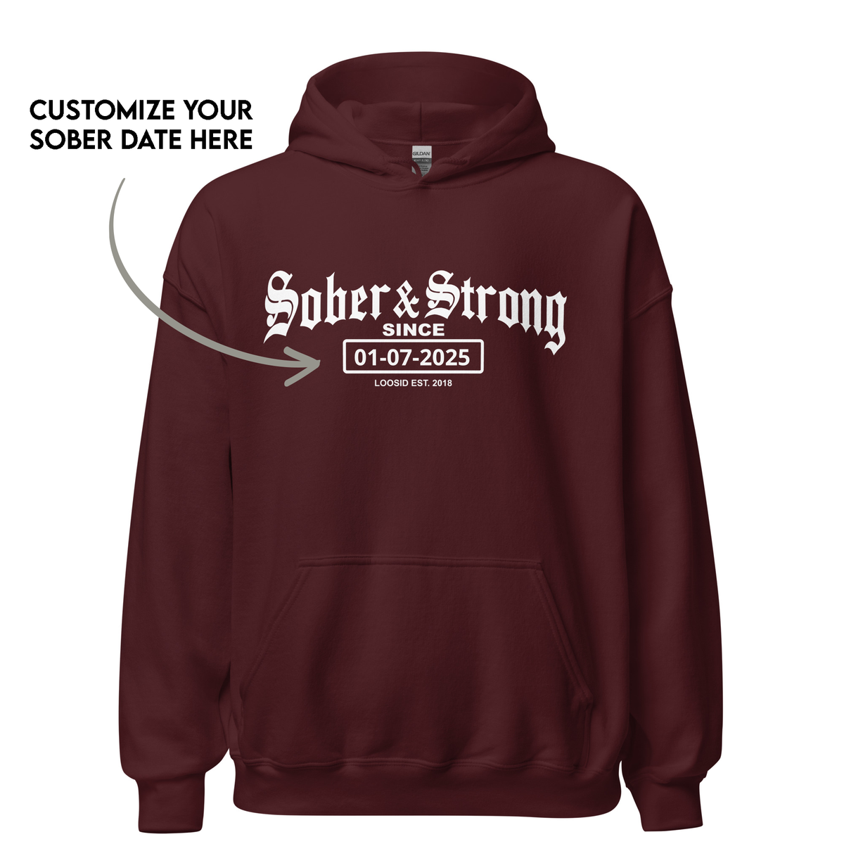 Recovery Hoodie featuring custom sobriety milestone details