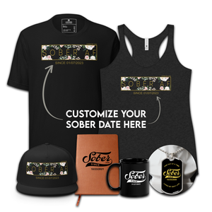 Women's Sober AF Flower Bundle w/ Personalized Sobriety Date | Racer Back Tank + T-Shirt + Trucker Hat + Dog Tag + Mug + Journal