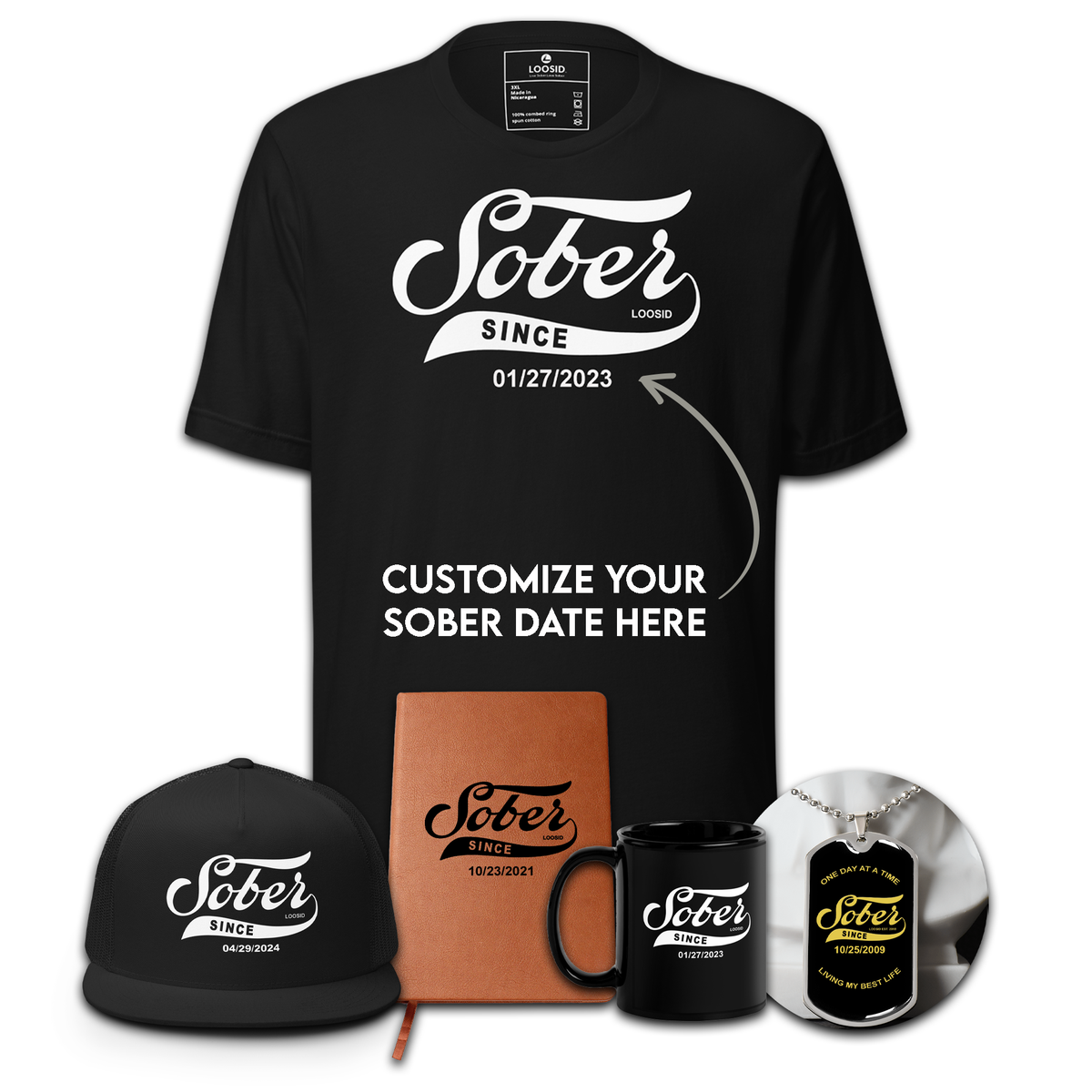Men's Sober Since Bundle w/ Personalized Sobriety Date | T-Shirt + Trucker Hat + Dog Tag + Mug + Journal