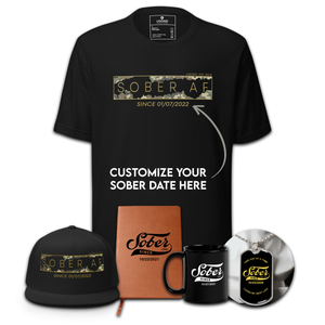 Men's Sober AF Camo Bundle w/ Personalized Sobriety Date | T-Shirt + Trucker Hat + Dog Tag + Mug + Journal