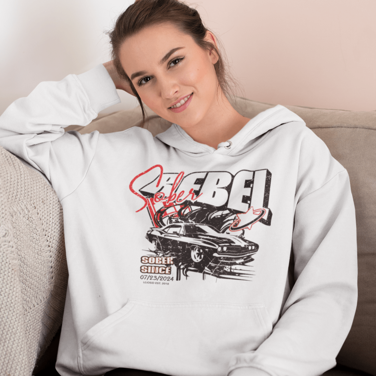 Loosid Sober Rebel Custom Sobriety Date Recovery Hoodie featuring the design
