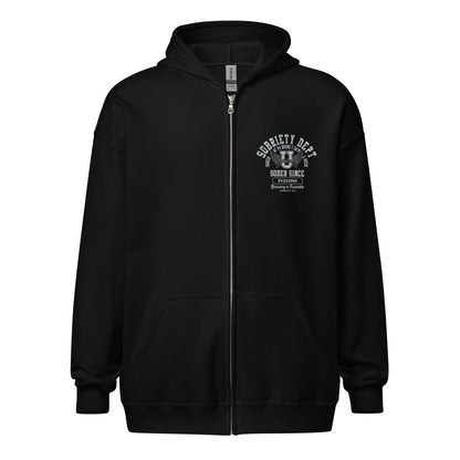 Sobriety Dept Recovery Hoodie close-up view (view 2)