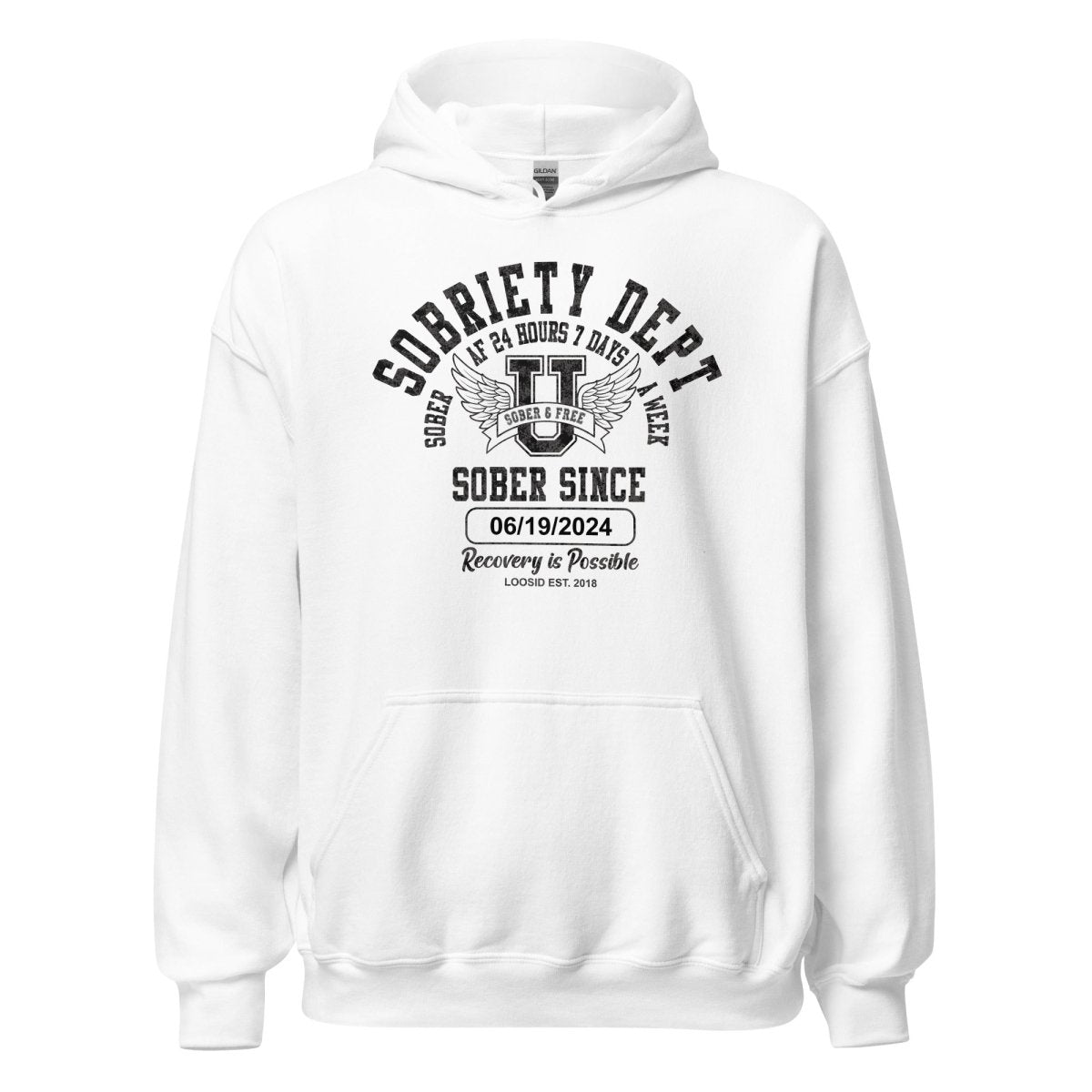 Sobriety Dept Recovery Hoodie flat lay styled image (view 3)