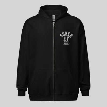 Sober AF Since Unisex Zip Recovery Hoodie flat lay styled image (view 3)