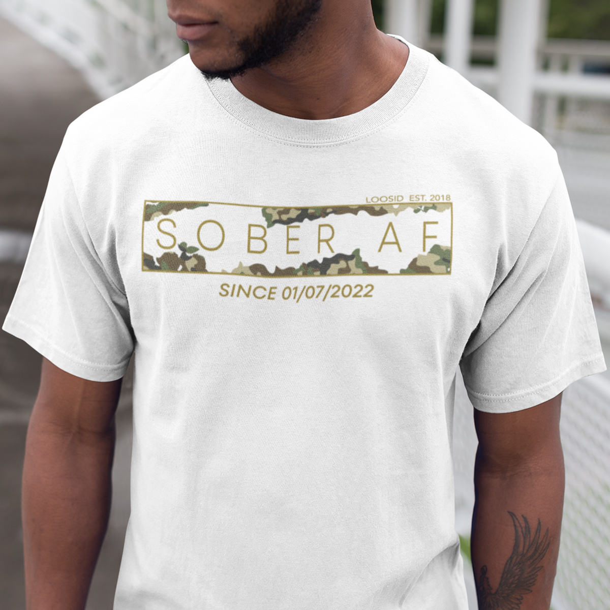 Sober T Shirt with camo design and personalized sobriety date