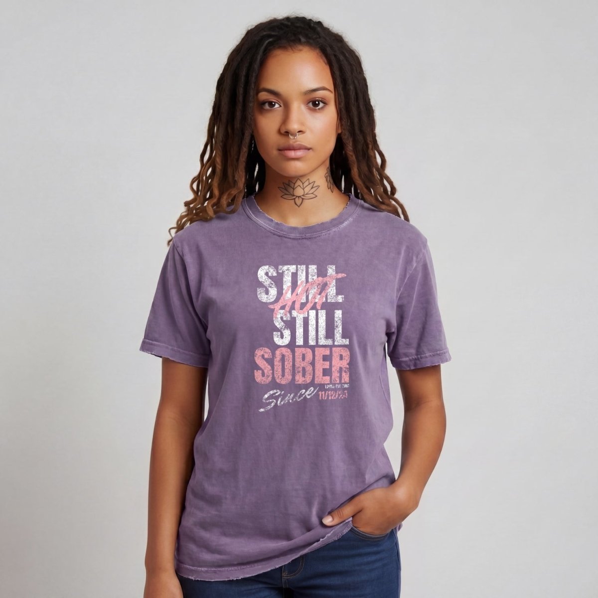 Still Hot Still Sober Women garment dyed Sober T Shirt flat lay styled image (view 13)