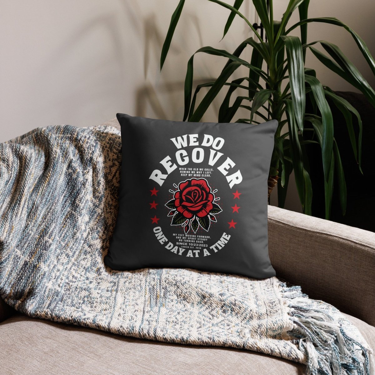 We Do Recover Sober Pillow flat lay styled image (view 3)