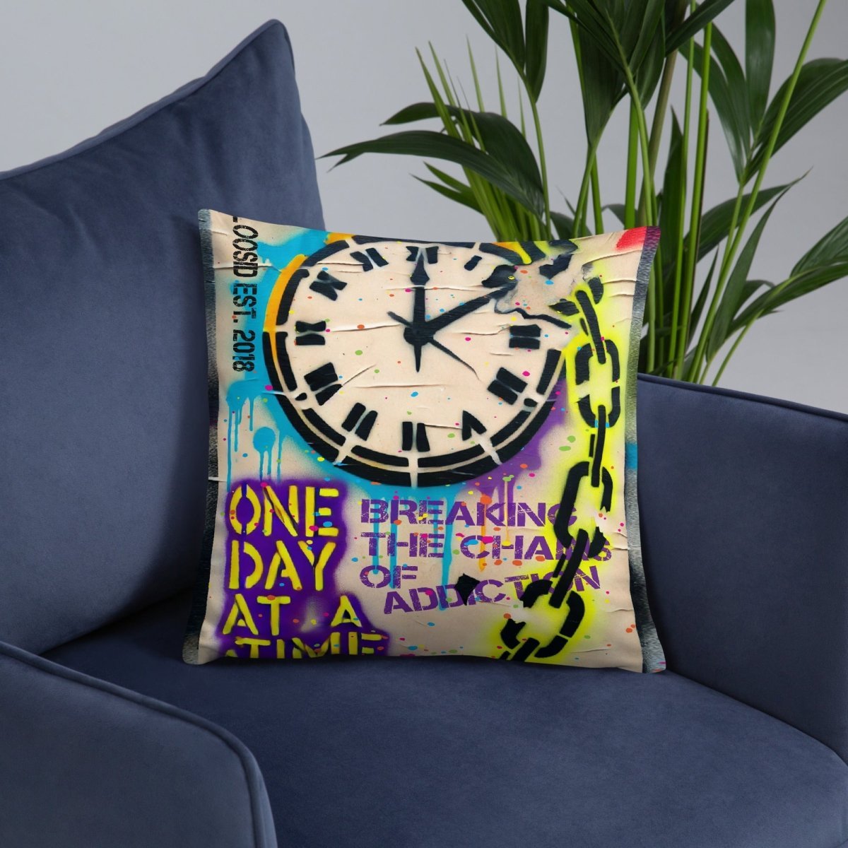 Loosid One Day At A Time Sober Pillow featuring the design