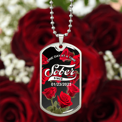 Rose Sober Since Necklace Custom Date Sober Jewelry flat lay styled image (view 3)