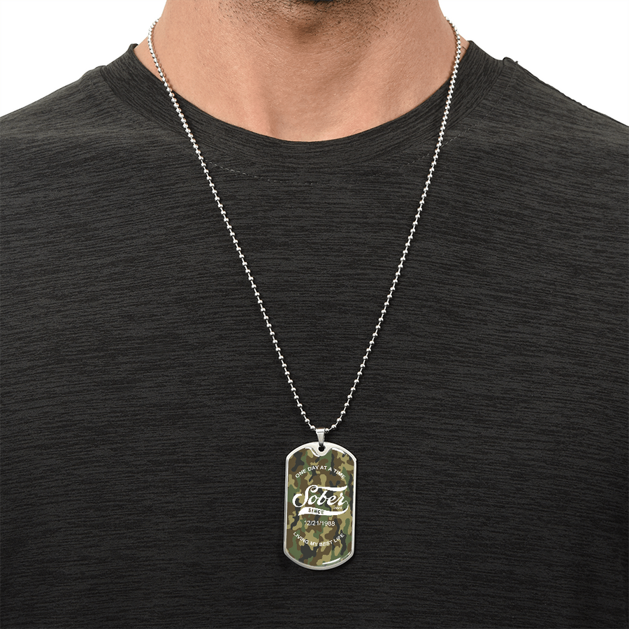One Day at a Time Sobriety Gift dog tag necklace for recovery milestones