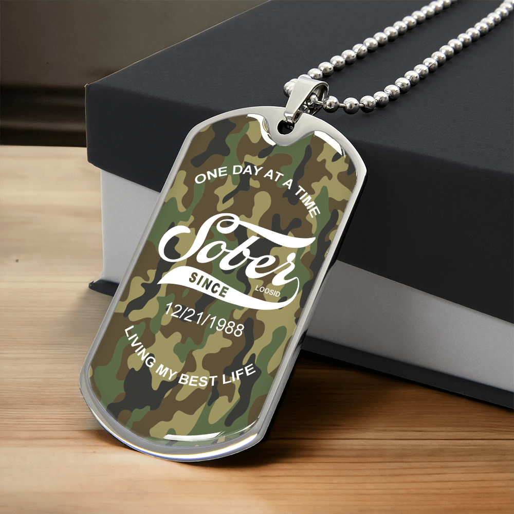 Sobriety Gift camo dog tag necklace with personalized sober date