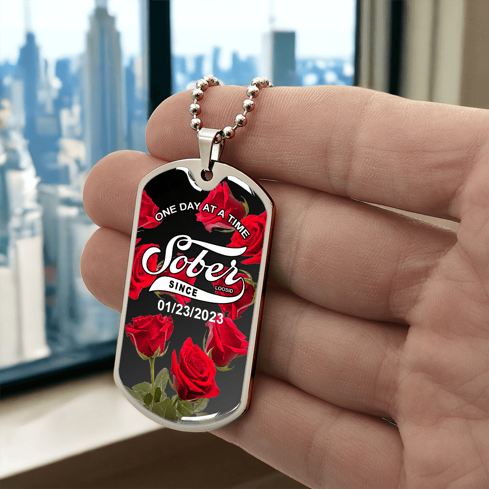 Rose Sober Since Necklace Custom Date Sober Jewelry lifestyle view (view 5)