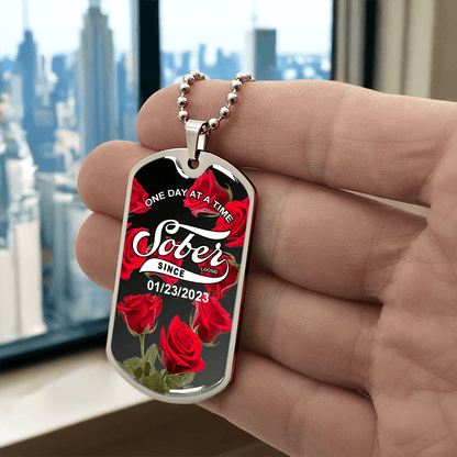 Rose Sober Since Necklace Custom Date Sober Jewelry lifestyle view (view 5)