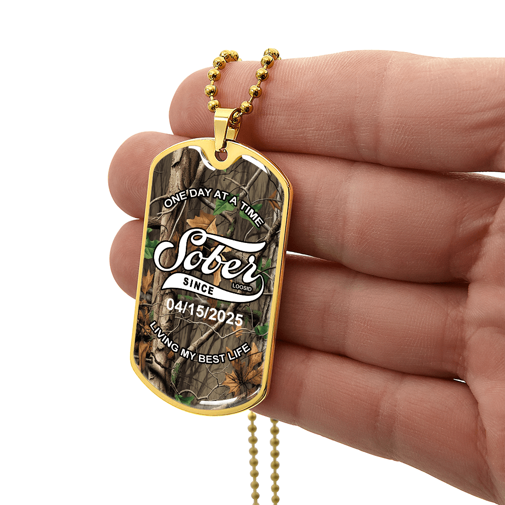 Hunting Camo with Personalized 'Sober Since' Date Sober Jewelry packaging detail (view 8)