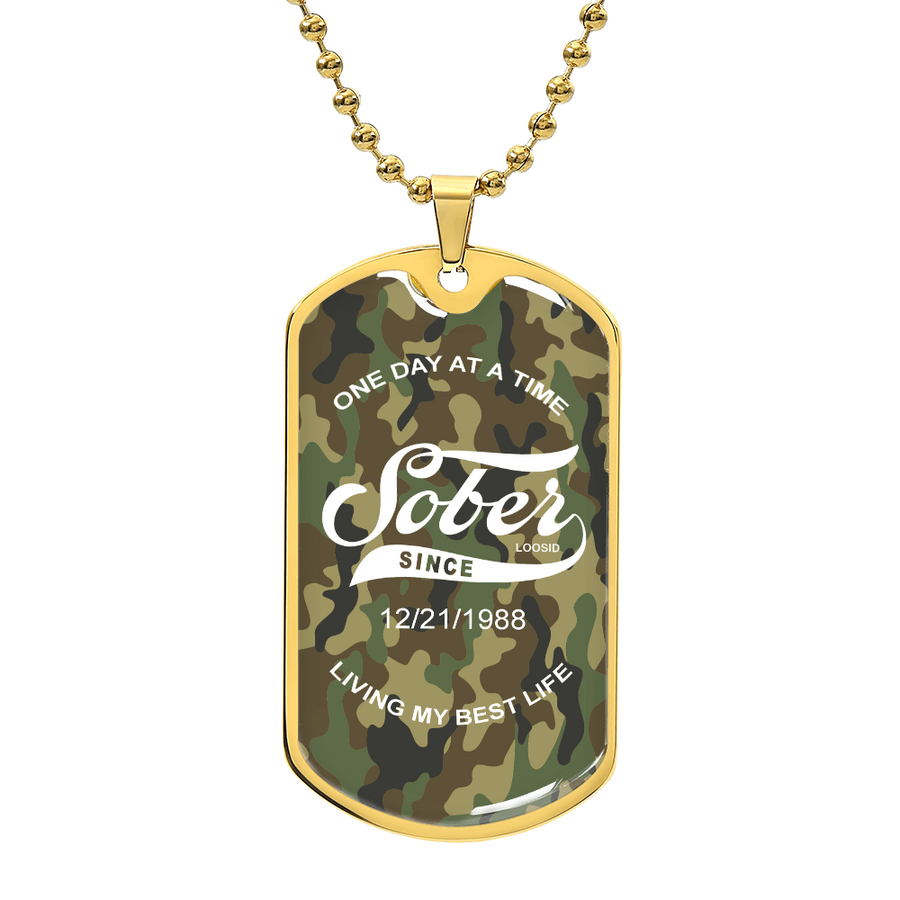 Camo Sobriety Gift dog tag jewelry on black display stand