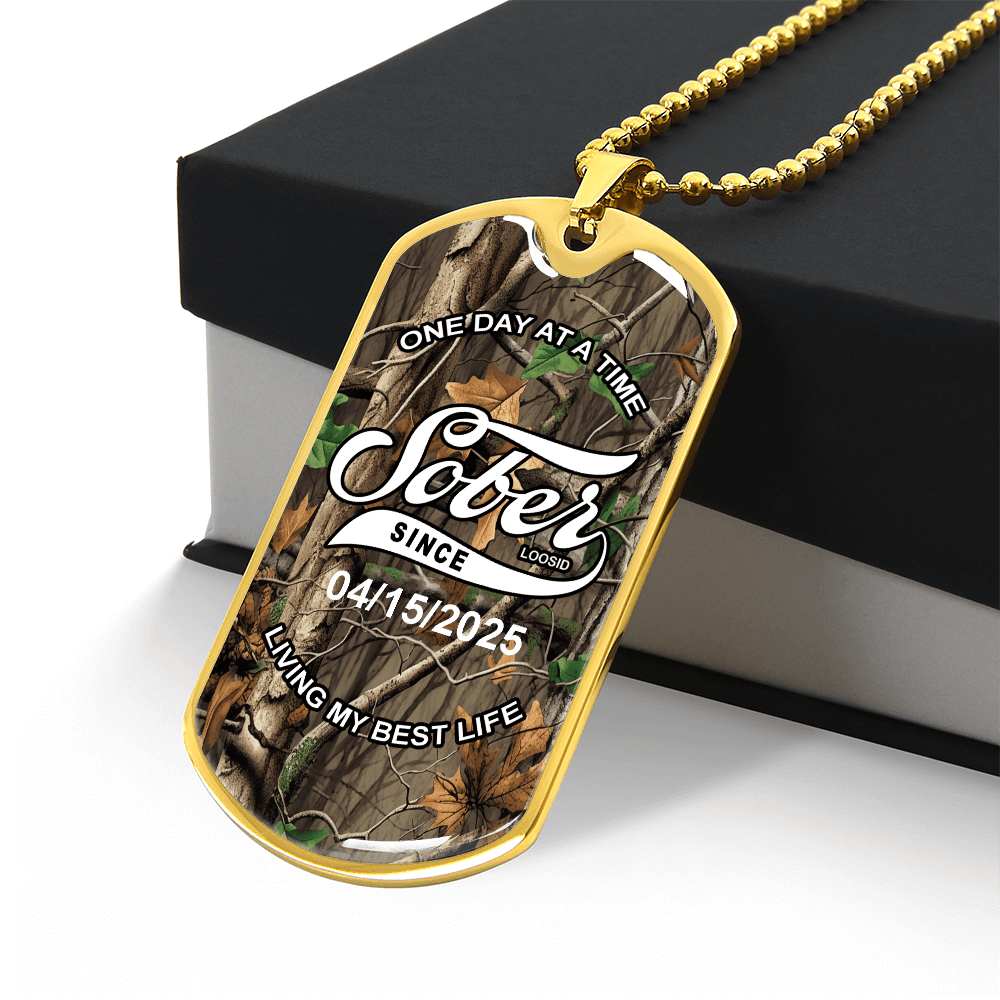 Hunting Camo with Personalized 'Sober Since' Date Sober Jewelry back view (view 7)