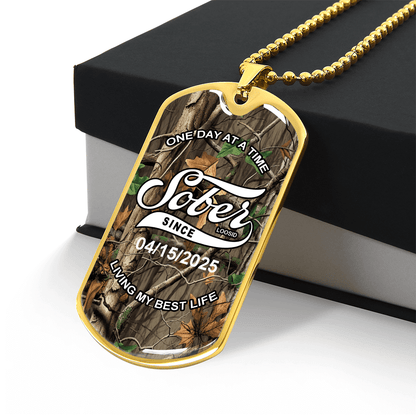 Hunting Camo with Personalized 'Sober Since' Date Sober Jewelry back view (view 7)