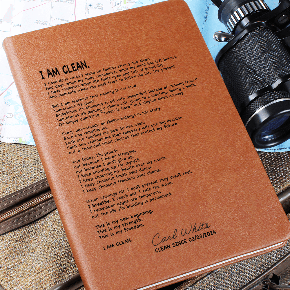 I AM CLEAN Vegan Sober Leather Journal with Date Sober Journal flat lay styled image (view 13)