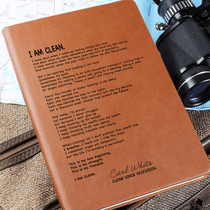 I AM CLEAN Vegan Sober Leather Journal with Date Sober Journal flat lay styled image (view 13)