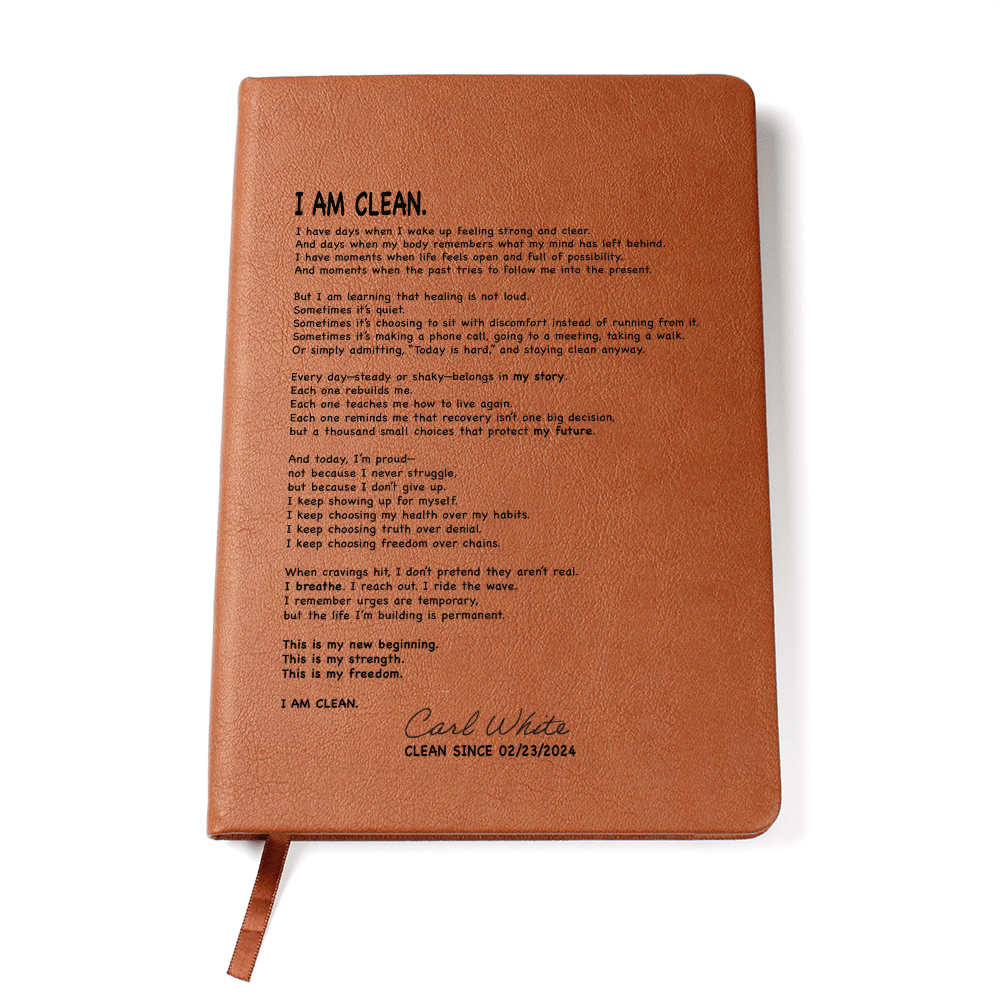 I AM CLEAN Vegan Sober Leather Journal with Date Sober Journal flat lay styled image (view 3)