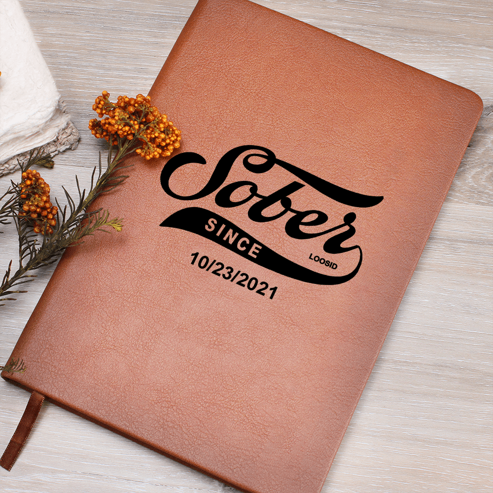 Sober Since Vegan Leather Journal with Date Sober Journal flat lay styled image (view 3)