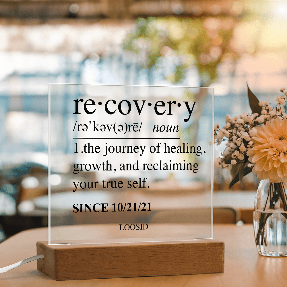 Recovery Acrylic Plaqye w Personalize Sober Date Sobriety Gift flat lay styled image (view 3)