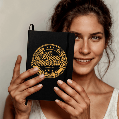 Happy Soberversary Vegan Leather Sober Journal flat lay styled image (view 3)