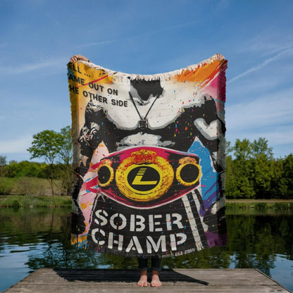 Sober Champ Man Printed Woven Recovery Blanket close-up view (view 2)
