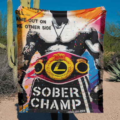 Sober Champ Man Printed Woven Recovery Blanket flat lay styled image (view 3)