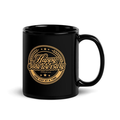 Loosid Black Happy Soberversary Black Sober Coffee Mug featuring the design