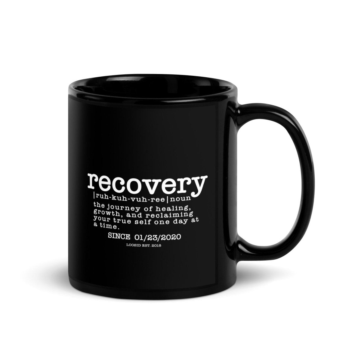 Recovery Definition Glossy Sober Sober Coffee Mug flat lay styled image (view 3)