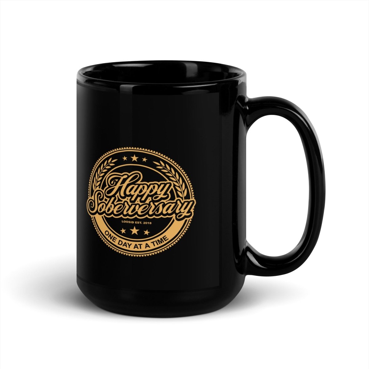 Black Happy Soberversary Black Sober Coffee Mug lifestyle view (view 5)