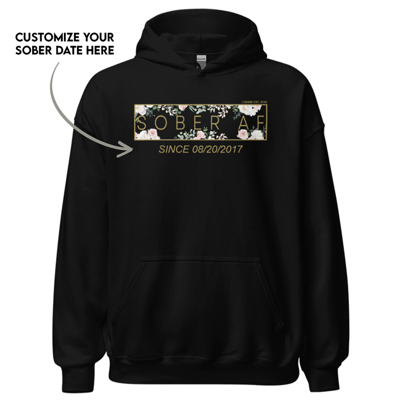 Personalized recovery hoodie featuring custom sobriety date