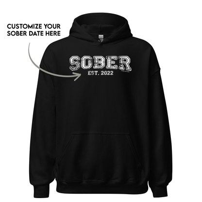Sober Est. Hoodie w Personalized Sobriety Year Recovery Hoodie close-up view (view 2)