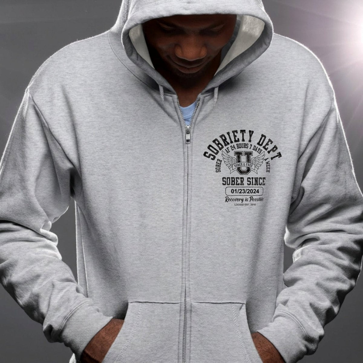 Loosid Sobriety Dept 24 7 Zip Recovery Hoodie featuring the design