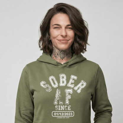 Sober AF Since Recovery Hoodie flat lay styled image (view 23)