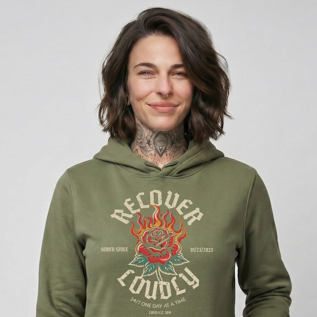 Recover Loudly Women's Custom Sobriety Date Recovery Hoodie side view (view 36)