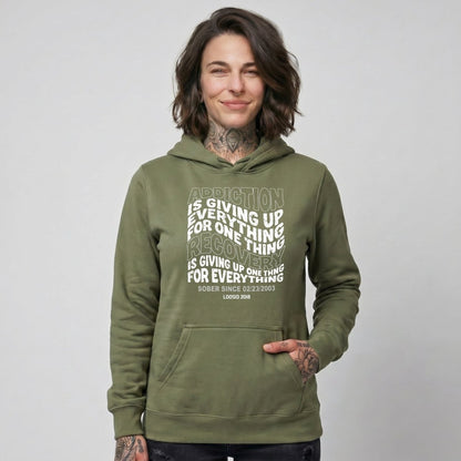 Addiction is Giving up Recovery Hoodie fit detail (view 29)